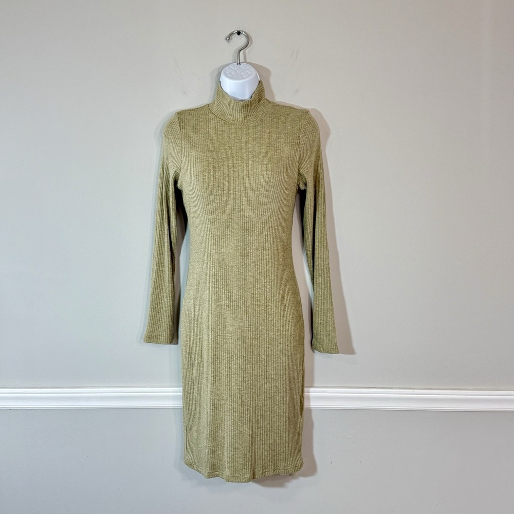 NWT OGL Move Ribbed Dress Mock Neck Green Sz LG Knee Length LS Stretch Built Bra